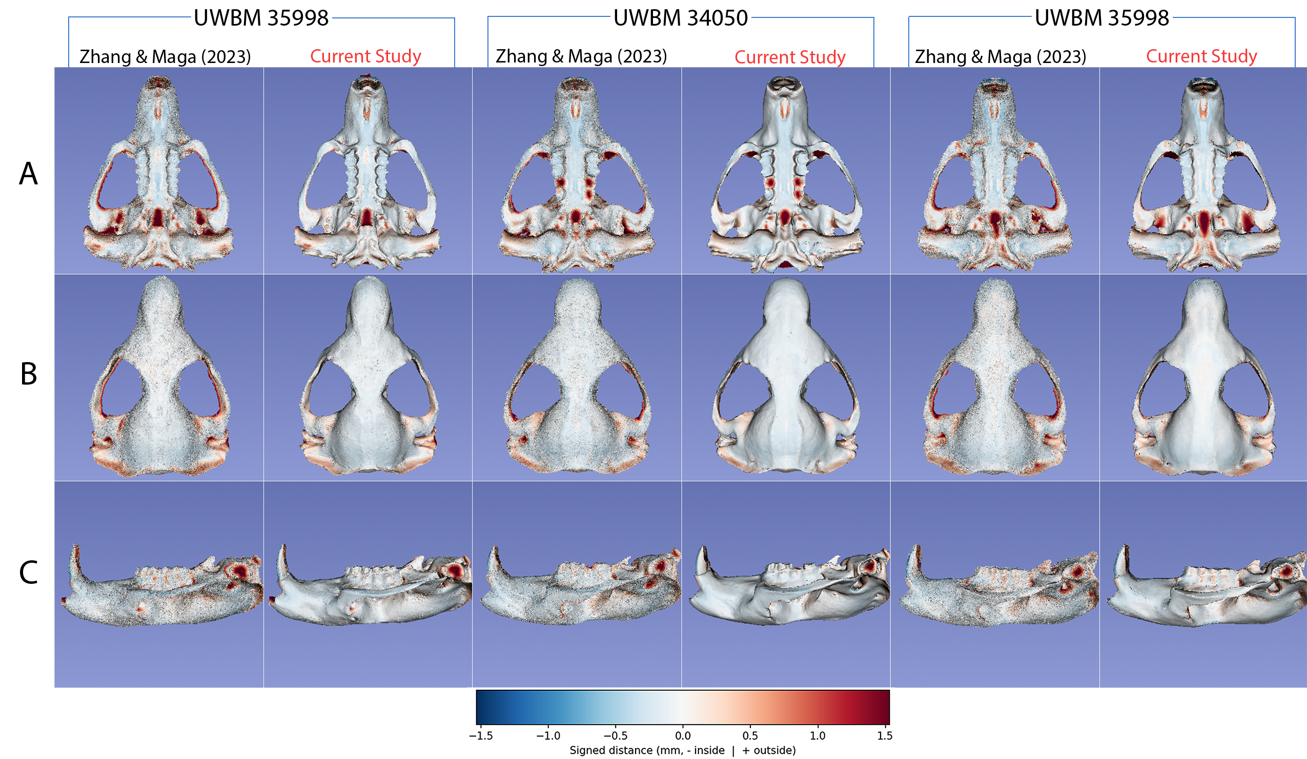 Side‑by‑side reconstructions with deviation heatmaps versus micro‑CT; the updated pipeline reduces artifacts around thin structures (e.g., zygomatic arches) and lowers mean/RMSE errors.